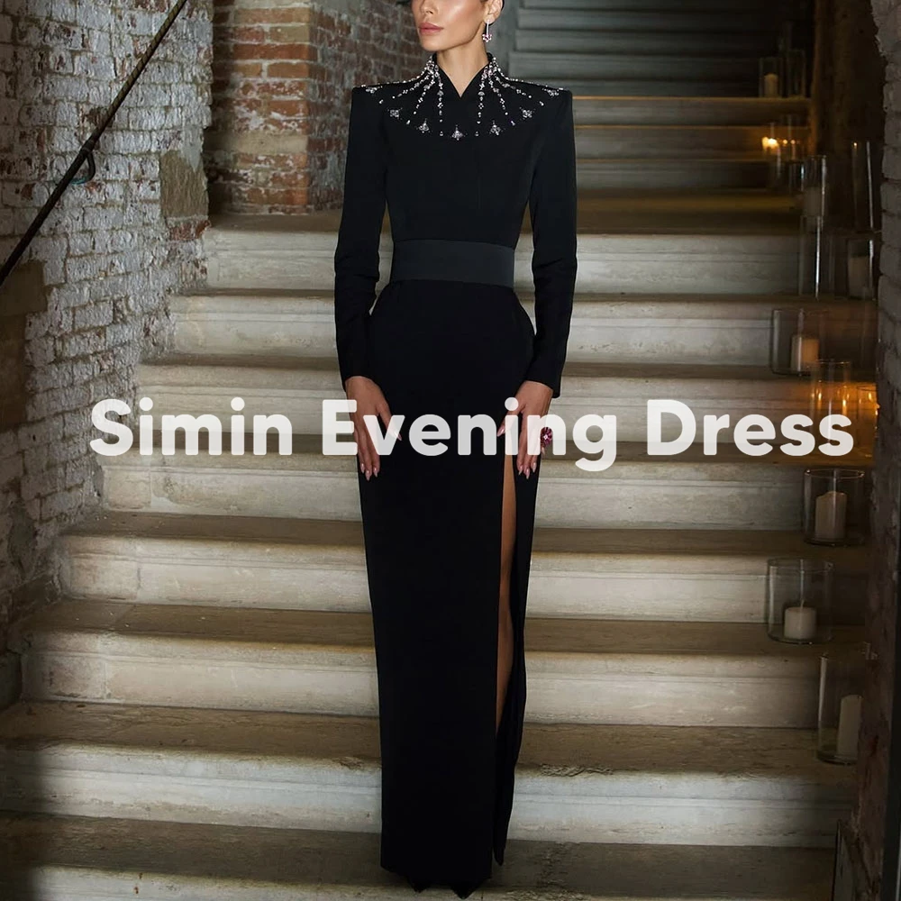 

Simin Women's Straight High-neck Beaded Sashes Evening Dresses With Long Sleeves Split Floor-Length Formal Elegant Dresses 2025