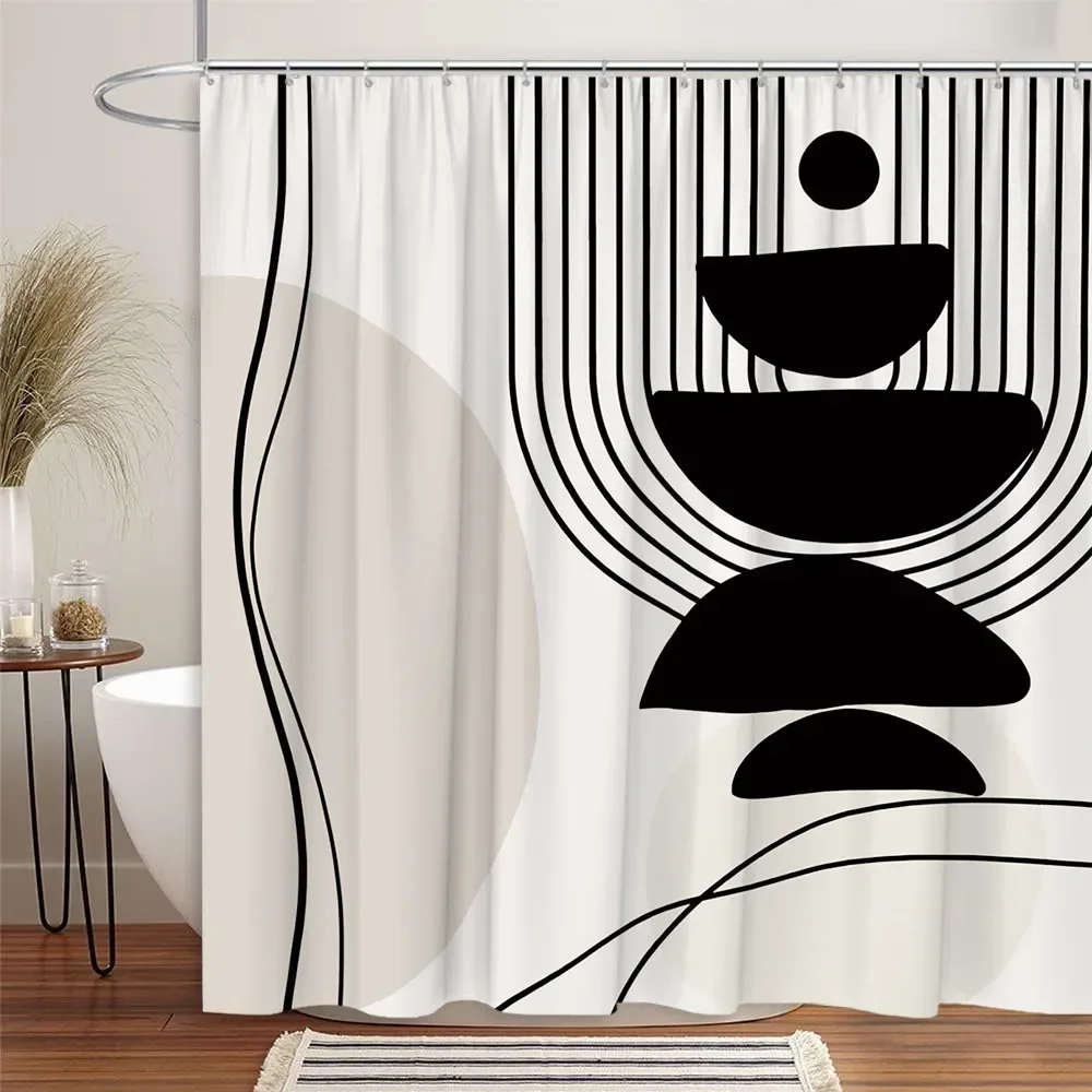 Black and White Shower Curtain, Abstract Mid-Century Modern Minimalist Geometric Line Art Aesthetic Vintage Bathroom Decoration