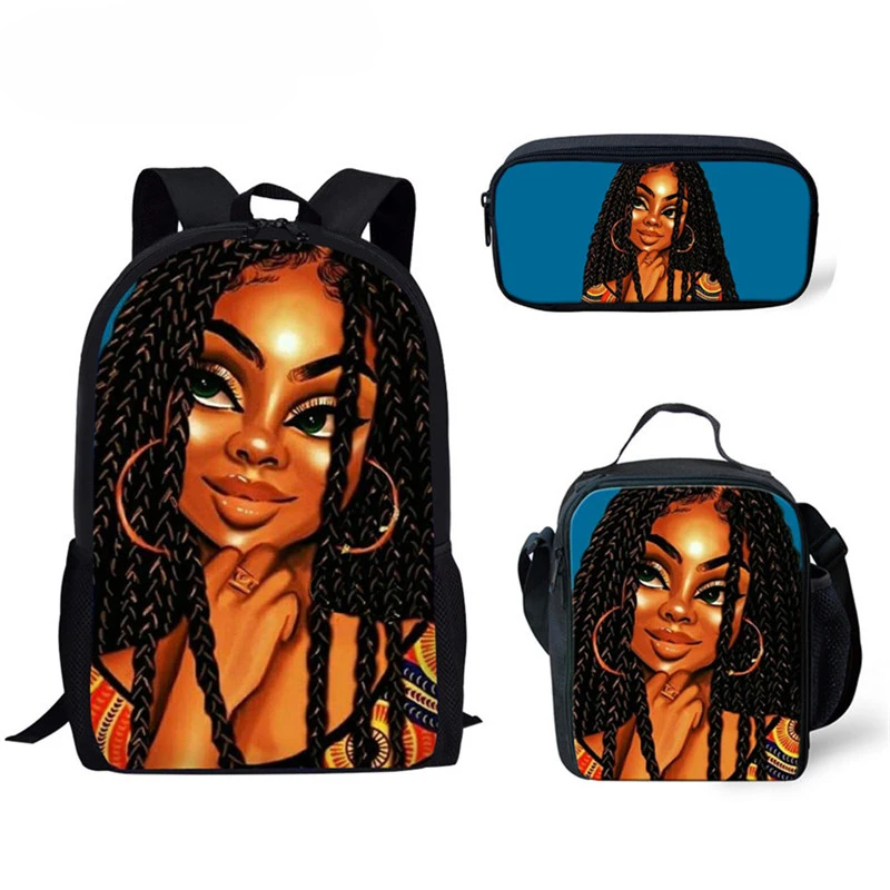 Fashion Cartoon Afro American Girls Printing School Bags Set for Girls Children Book Bag Teens Backpack Casual Travel Daypack