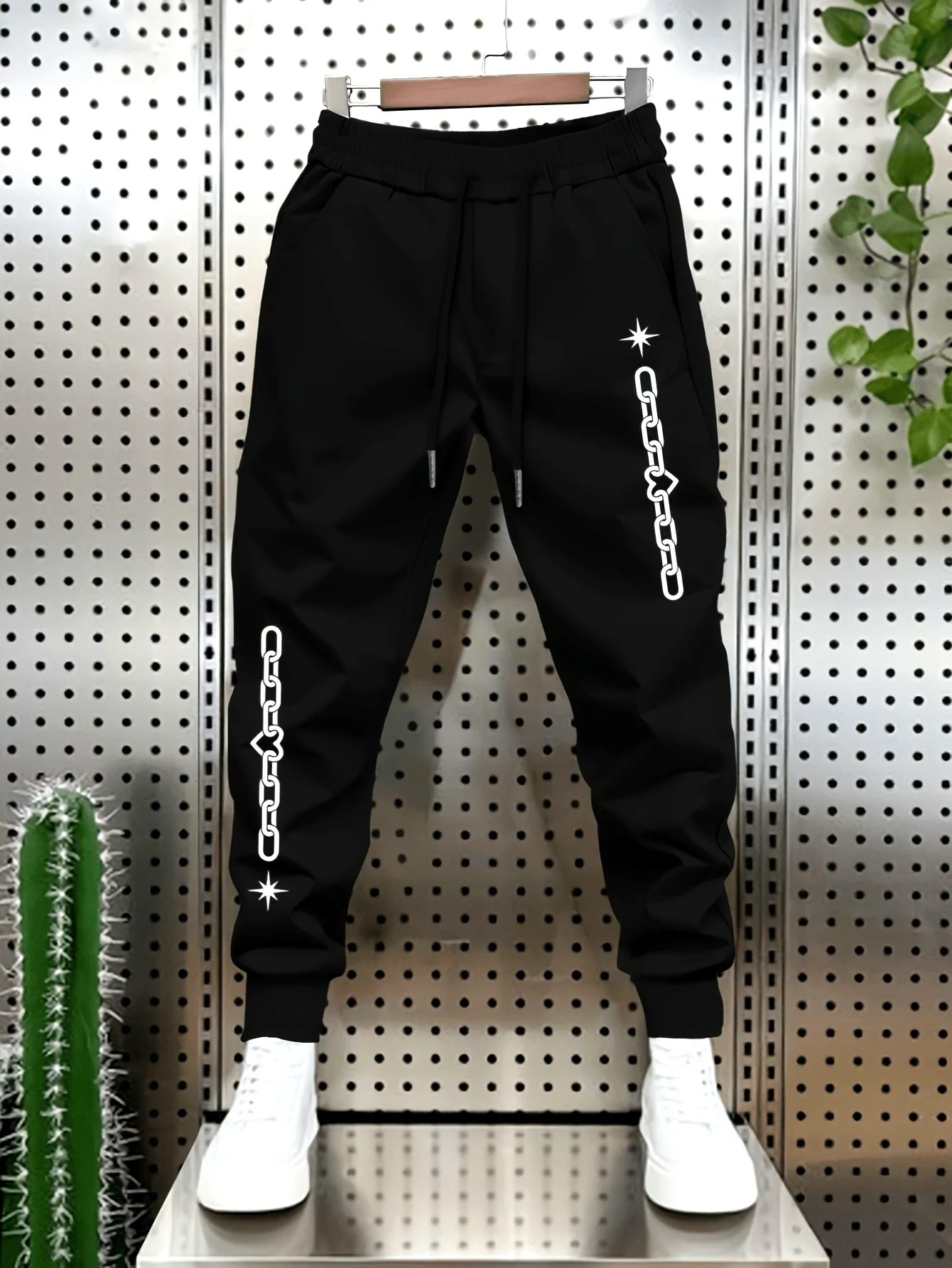Vertical chain four‑pointed star double‑leg side graphic print sweatpants for men hip hop sports jogger trousers