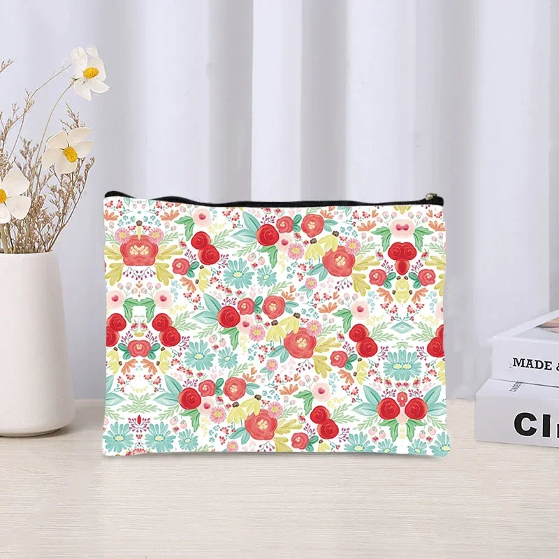 Bolsa de maquillaje con cremallera para mujer, estuche de lápices Kawaii, almacenamiento de papelería, embrague de lápiz labial, patrón de flores frescas de setas mágicas