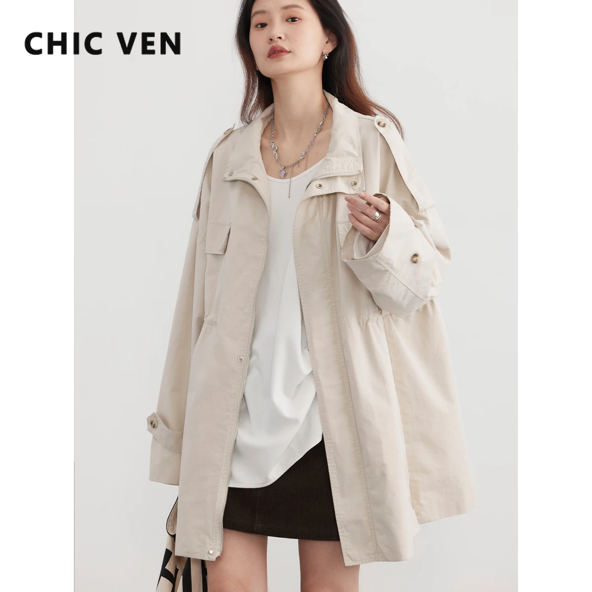 

CHIC VEN Women Trench Coat Loose Casual New Solid Cotton Drawstring Female Windbreaker Mid Length Coat Spring Autumn 2024