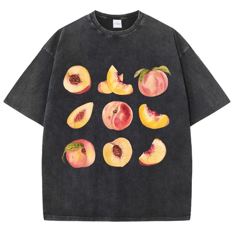 Women'S Cotton Washed T-Shirts Fashion O-Neck Distressed Tees A Tender And Juicy Peach Print Short Sleeve Casual Female Clothes