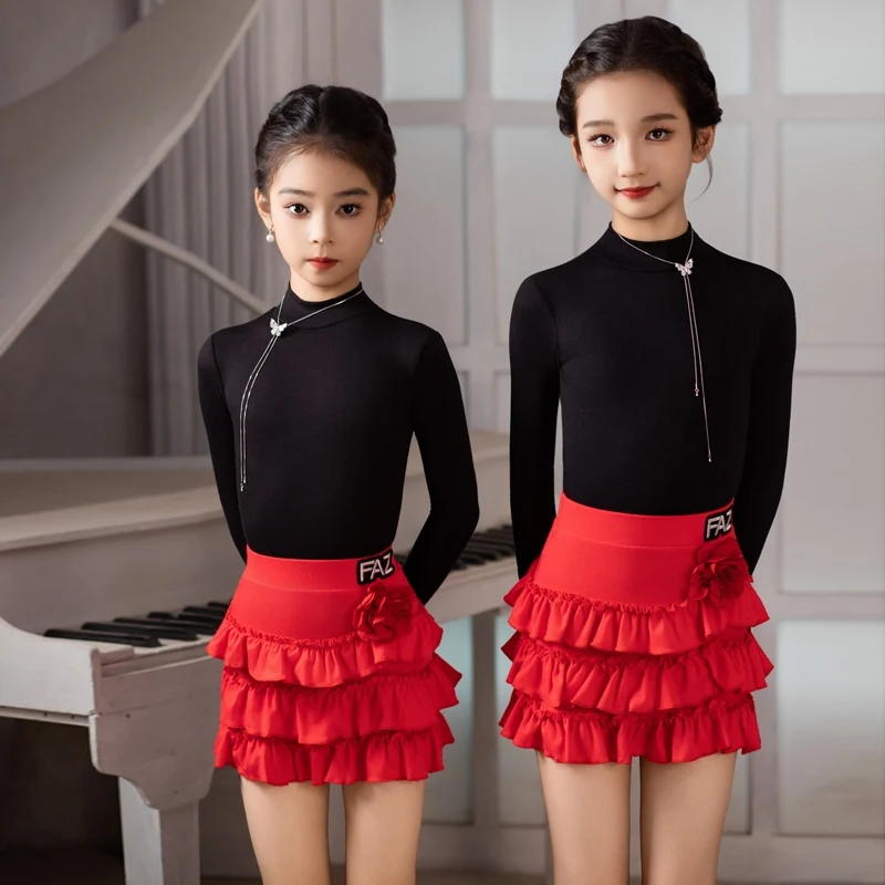 Nuovo vestito da competizione di ballo latino maniche lunghe gonna latina con torta superiore ragazze abiti da ballo per spettacoli di danza da sala abiti da palcoscenico