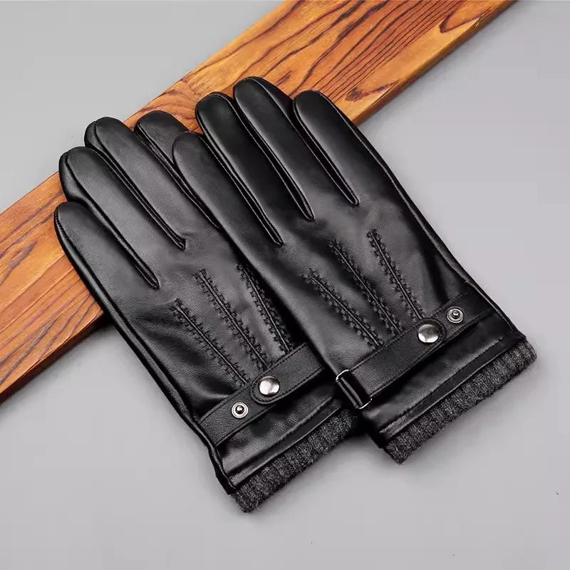 

Leather Gloves Male Winter First Layer Sheepskin Anti-Wind Keep Warm Plus Velvet Lined Touchscreen Men Gloves LSH05