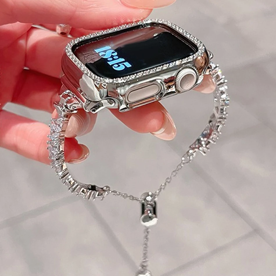 สายนาฬิกาสำหรับ Apple Watch Band S11/10/9/8/7/SE/5/4/Ultra 3 IWatch 49/46/45/44/42/41/40/38 มม. สายรัดข้อมือเพชรทรงสามเหลี่ยมหรูหราประดับเพชรซิร์คอน