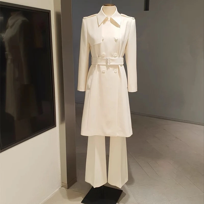 Ele Langer zweireihiger Damenmantel mit Gürtel, mittellanger Umlegekragen, Frühlingsfaion-Oberbekleidung in zwei Farben