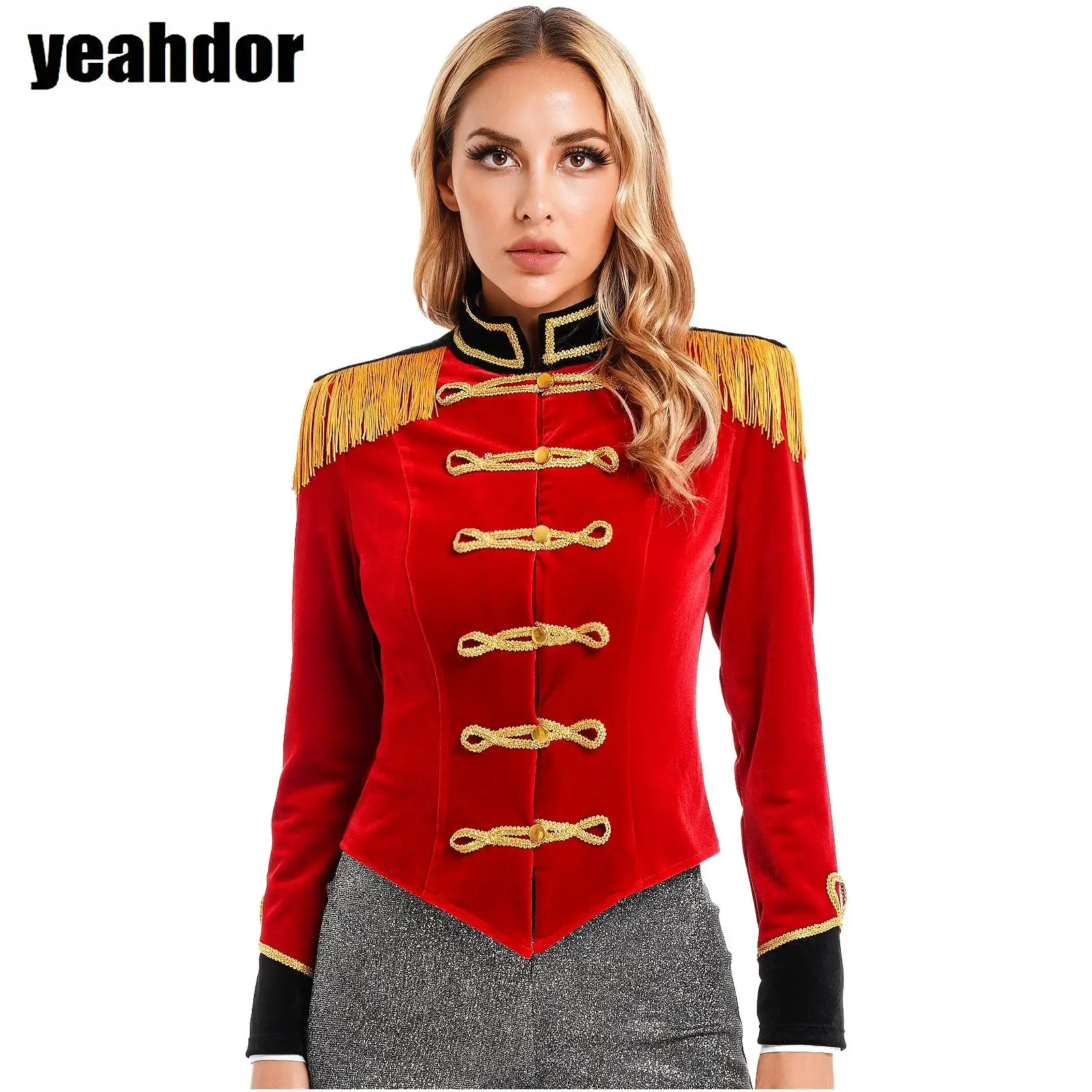 

Women Circus Ringmaster Costume Halloween Carnival Lion Tamer Cosplay Costume Majorette Tassel Tailcoat Velvet Jacket Performanc