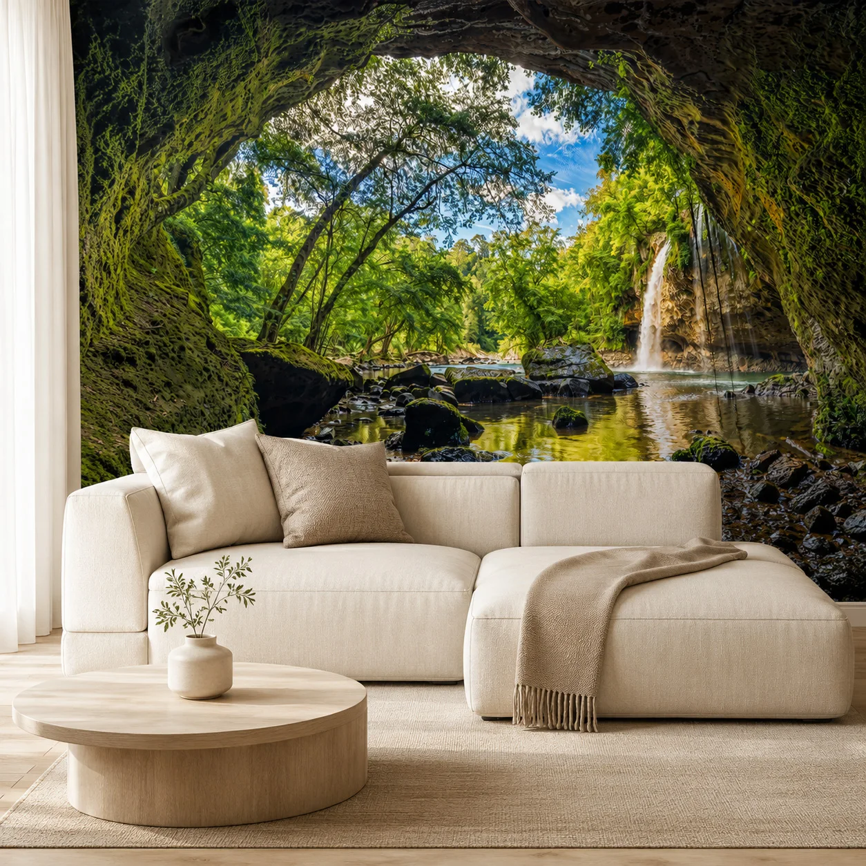 3D photo wallpaper waterfall cave, TV background wall wallpaper mural, living room bedroom home decoration, requiring glue