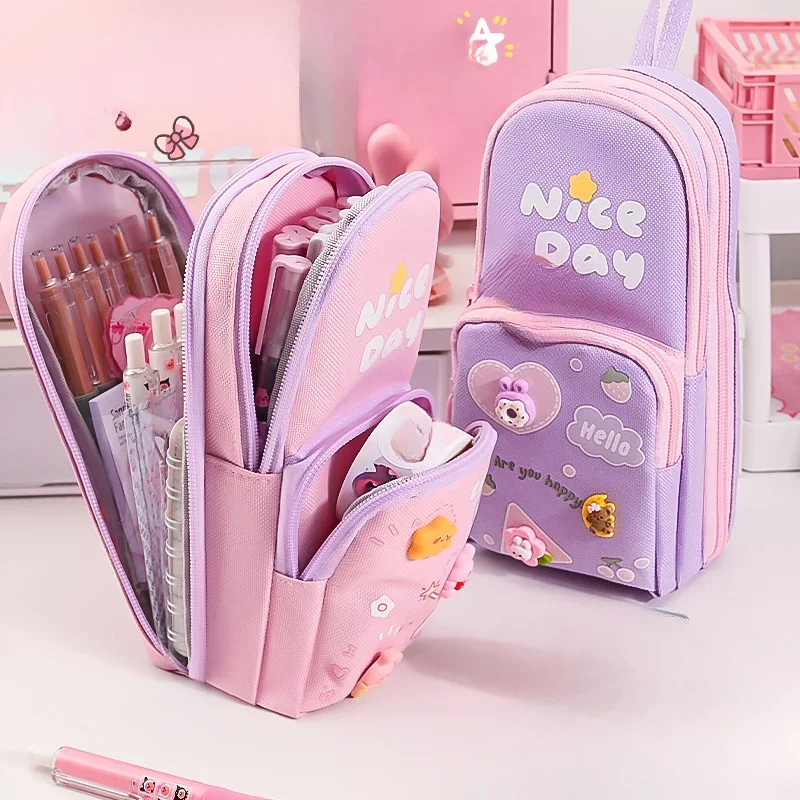 

Школьный стильный пенал для девочек, пенал с героями мультфильмов, многослойный чехол для хранения и стояния, милый чехол Kawaii, школьные принадлежности