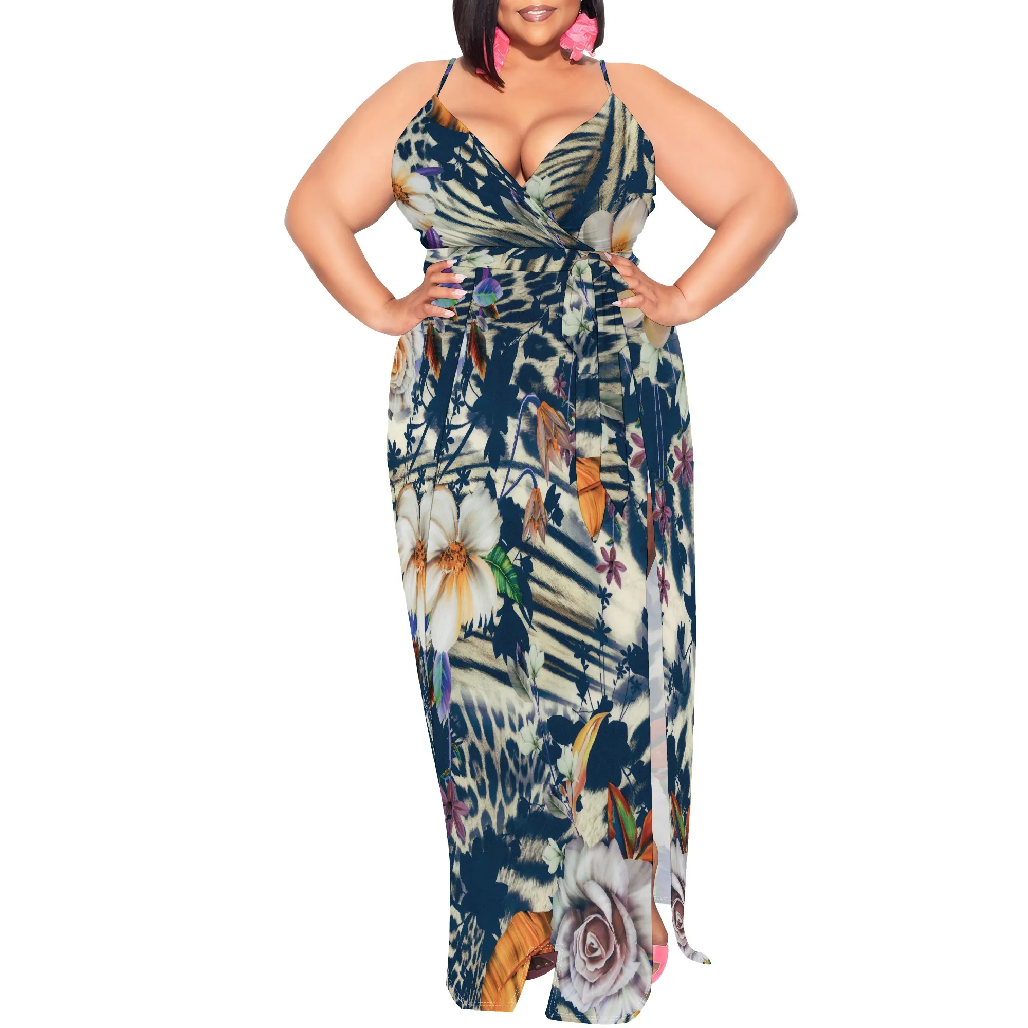 Plus Size Womens Sexy Casual Dresses for Curvy Women 3D Printed halterneck dress Short Sleeve Loose Maxi Dress
