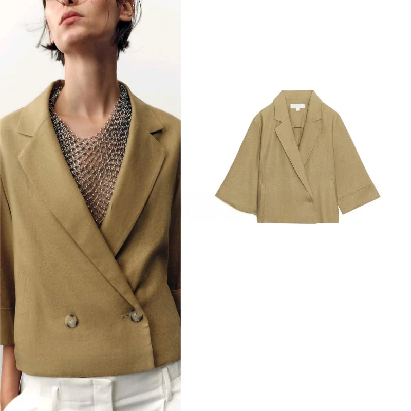 

Модный женский свободный льняной пиджак с V-образным вырезом на одной пуговице, универсальный, осенняя новинка, для офиса, из полиэстера