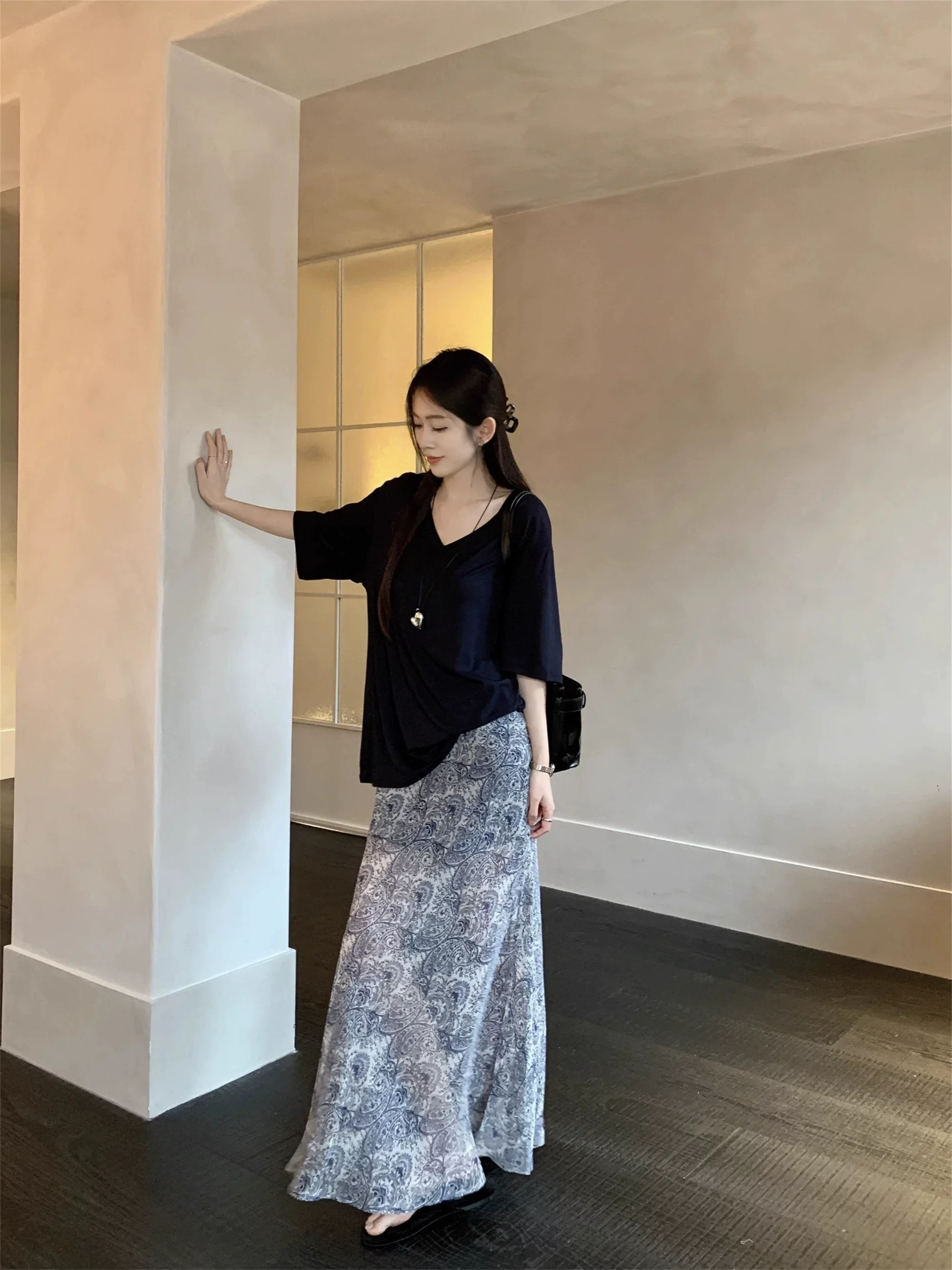 SALIENCY Vintage Floral Print A-line Long Skirts Summer Women 2025 Korean Skirt Streetwear Elastic Waist Midi Skirt