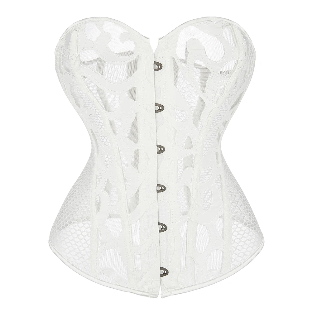 Breathable Mesh Corselet Hollow Out Overbust Corset Black White Waist Bustier Top Basques