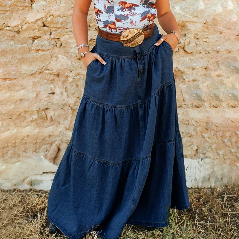 

Y2k Low Waist Denim Maxi Skirt Distressed Washed Blue LooseHigh Street Holiday Style Asymmetrical Long Skirts