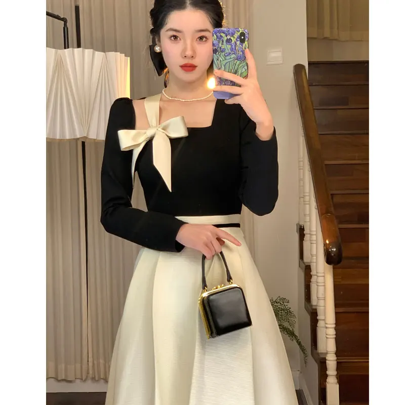 Elegant Hepburn Women Dresses 2024 Spring Korean Fashion Chic Square Collar Bow Long Sleeve Vestidos Patchwork Prom A Line Dress