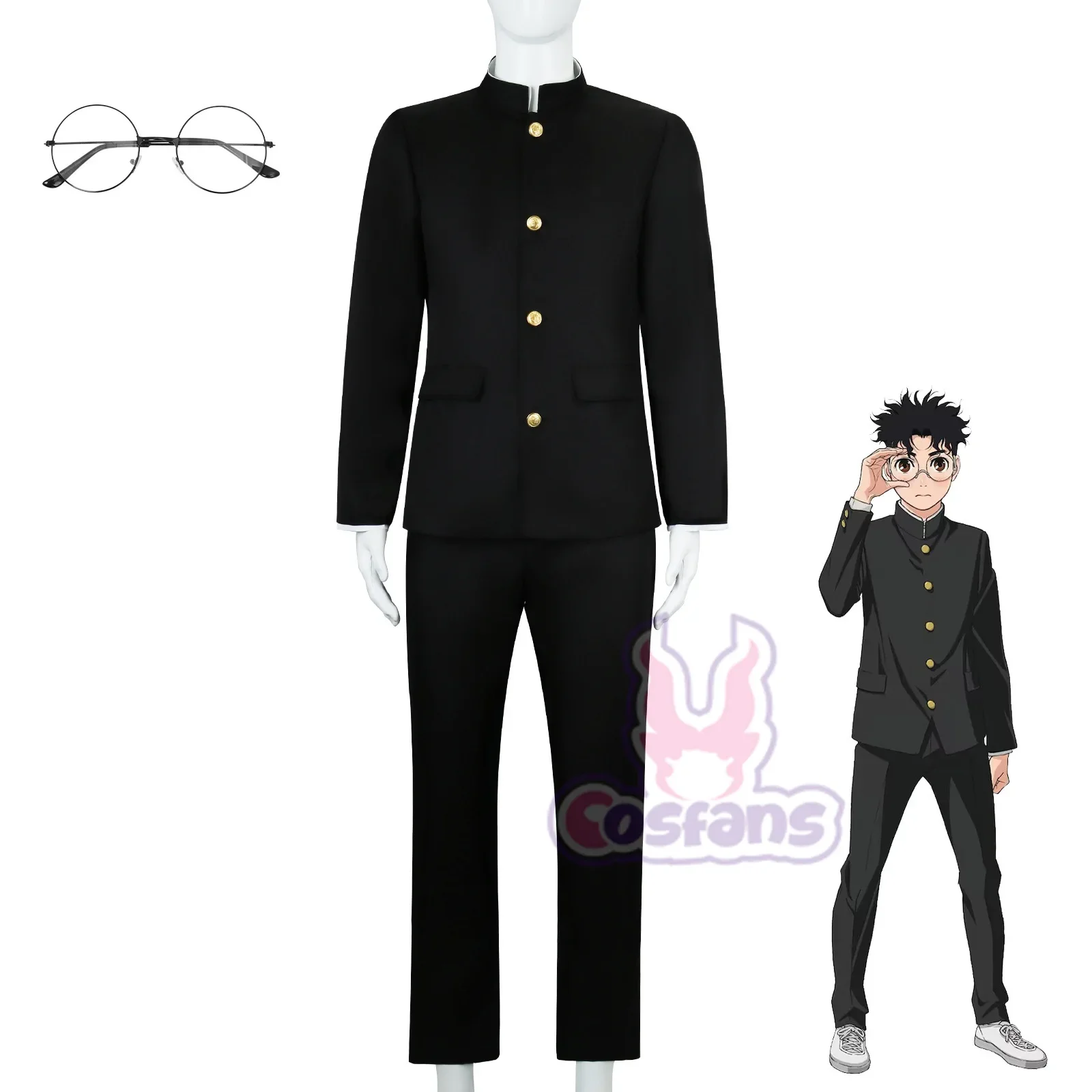 Ken Takakura Cosplay Costume Wig Anime Dandadan Okarun School Uniform Black Jacket Pants Gakuran Glasses Halloween Party Men