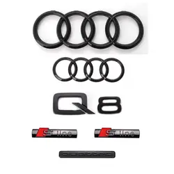 6 PCs/set is suitable for Audi Q8 modified combination ABS four-ring logo 3D car sticker 2018-2024 Sline Quattro tail logo black