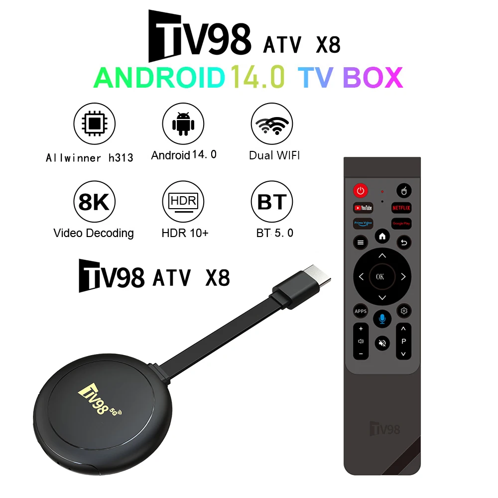 TV98 ATV X8 عصا تلفاز ذكية صغيرة أندرويد 14 H313 1080P HD TV box 2.4/5G WiFi TV استقبال لمشغل الوسائط Google YouTube Netflix