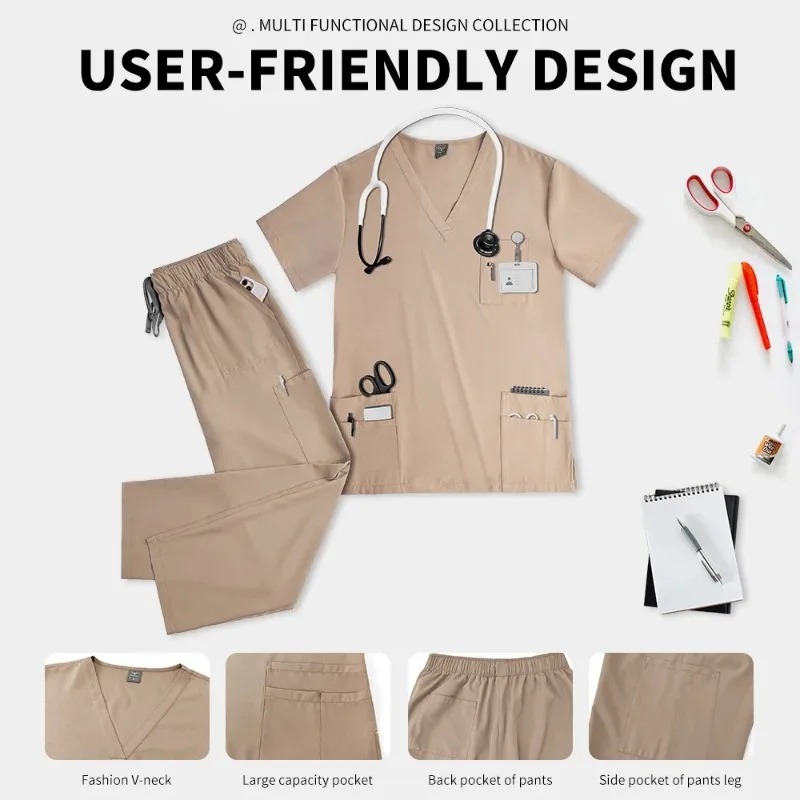 Elastic V-neck Short Sleeved Tops Pants Suit Operating Room Surgical Uniform Wholesale Dental Veterinary Scrub Set Work Uniforms