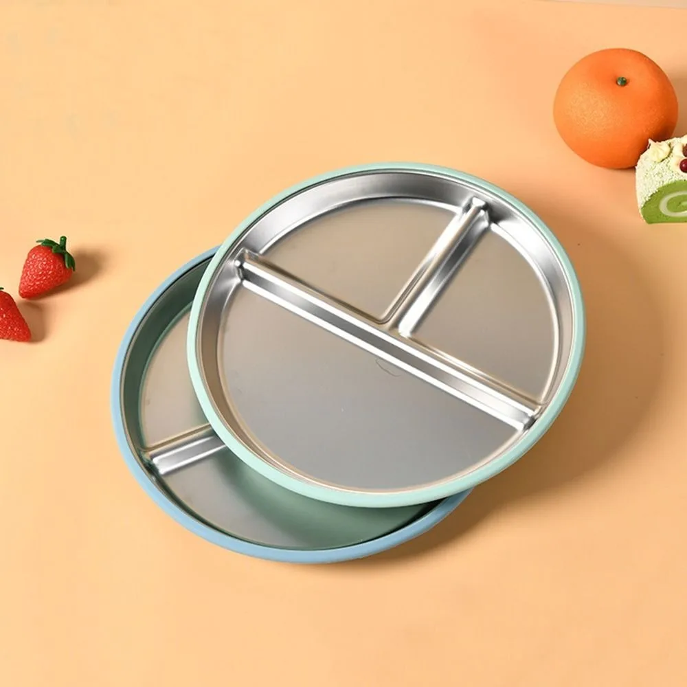 Divided Design Suction Cup Plates Silicone Shell 304 Stainless Steel Baby Sucker Dining Plate Anti-fall Non-Slip