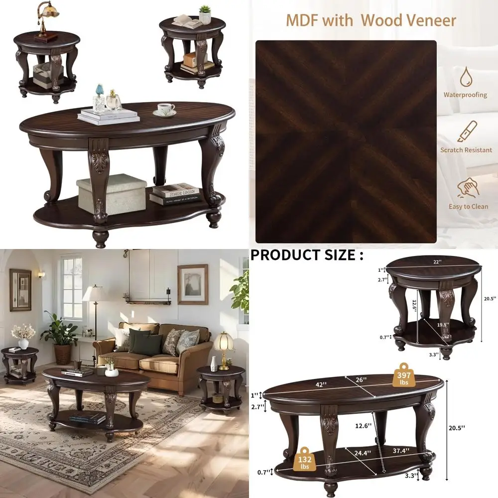 Elegancki owalny stolik kawowy z drewna espresso z miejscem do przechowywania i okrągły stolik pomocniczy do salonu w stylu farmhouse.