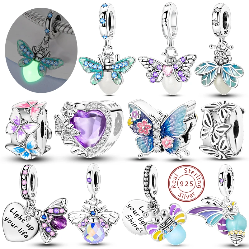 

Подвески из стерлингового серебра 925 пробы, бусины, кулон, светящийся светлячок, бабочка, подвески, подходят для оригинального браслета, женский DIY ювелирных изделий, подарки