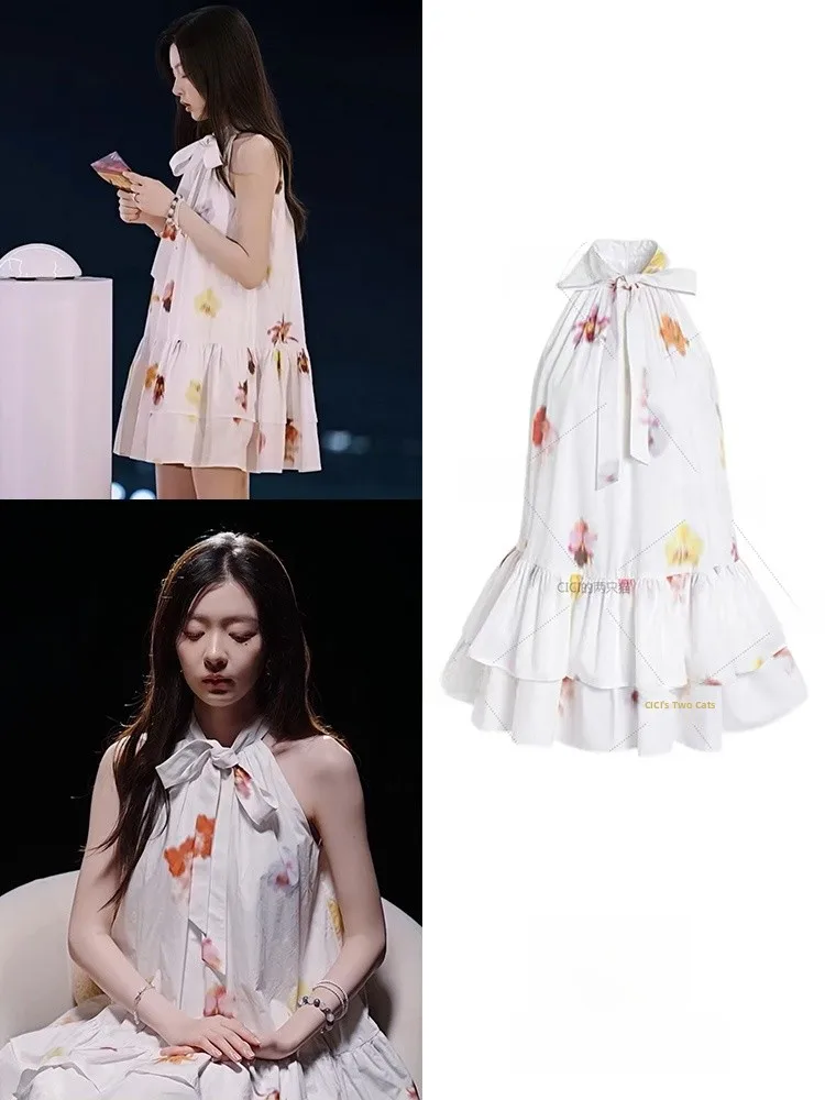 Sweet Style Printed  Knot Belt Halter Neck Sleeveless Dress Wooden  A-Line Skirt Thin Polyester Fabric Summer Dress
