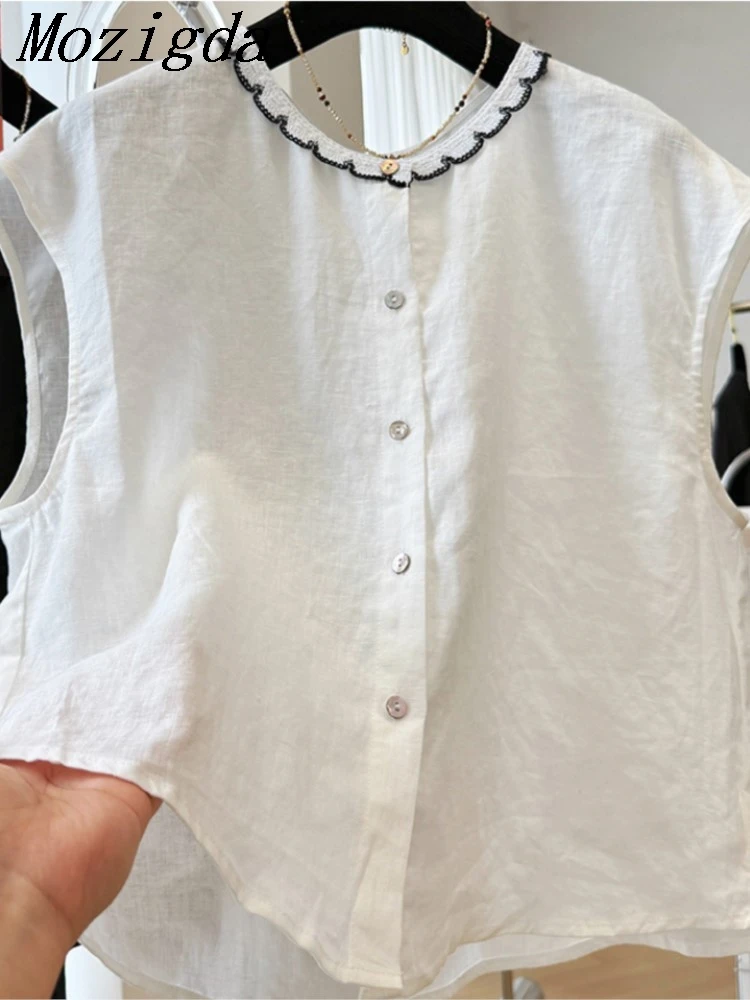 

Летняя корейская льняная рубашка без рукавов больших размеров, женская легкая блузка с круглым вырезом из чистого льна, женские топы, Camisa Femenina
