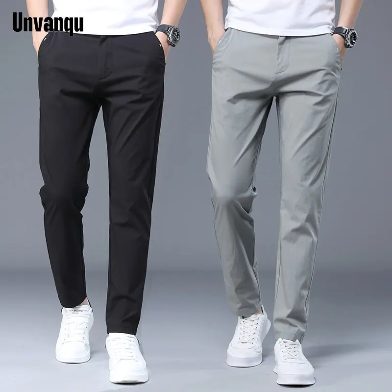 UNVANQU 2023 Quick Drying Summer Ice Silk Thin Pants Streetwear Men Straight Leg Casual Trousers Slim Fit Cotton Jogger Green