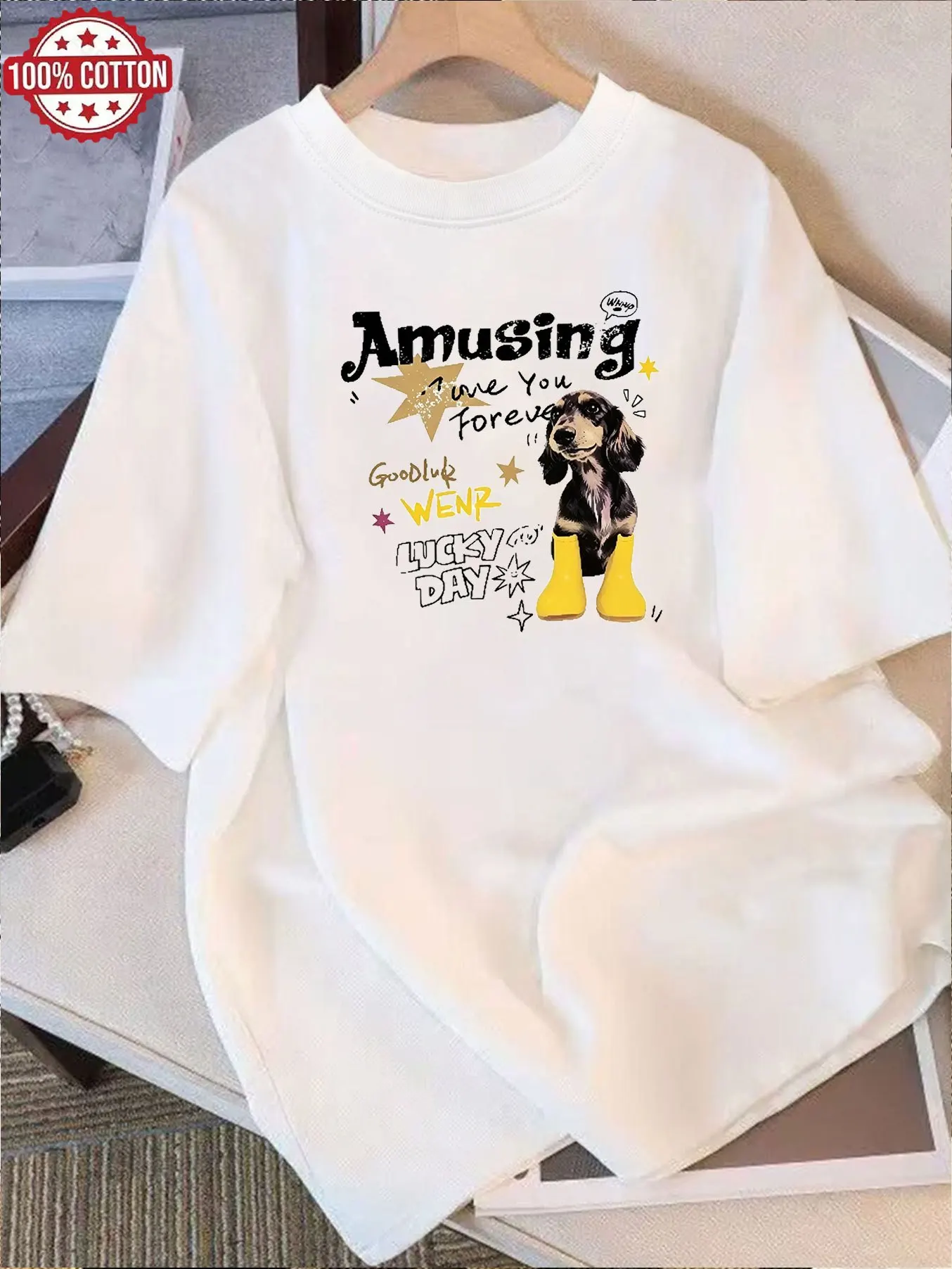 Amazing Dog Print Women's T-shirt Casual Short Sleeved Round Neck Top with Fun Letter Pattern Cute T-shirt