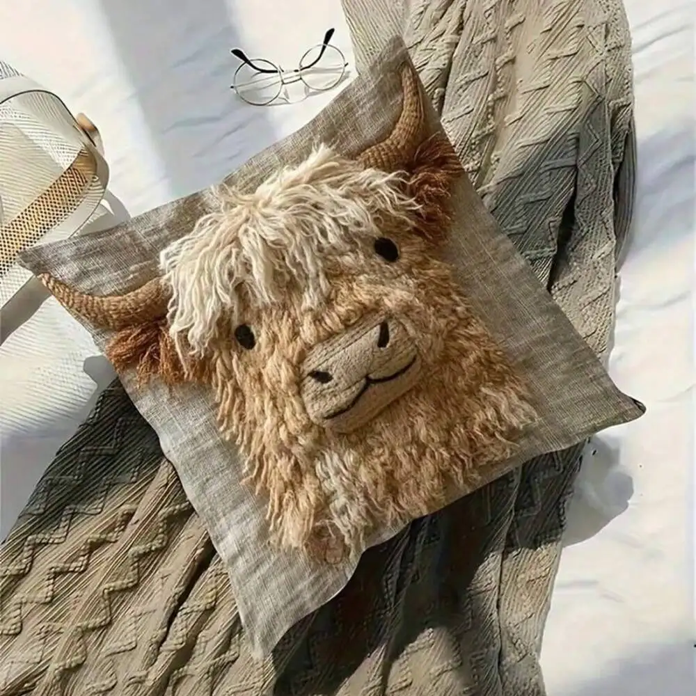 Pattern 2D Plain Double-Sided Printed Cushion Cover 1 Retro Highland Cow Plush Pillowcase 18X18 Inches Soft Polyester