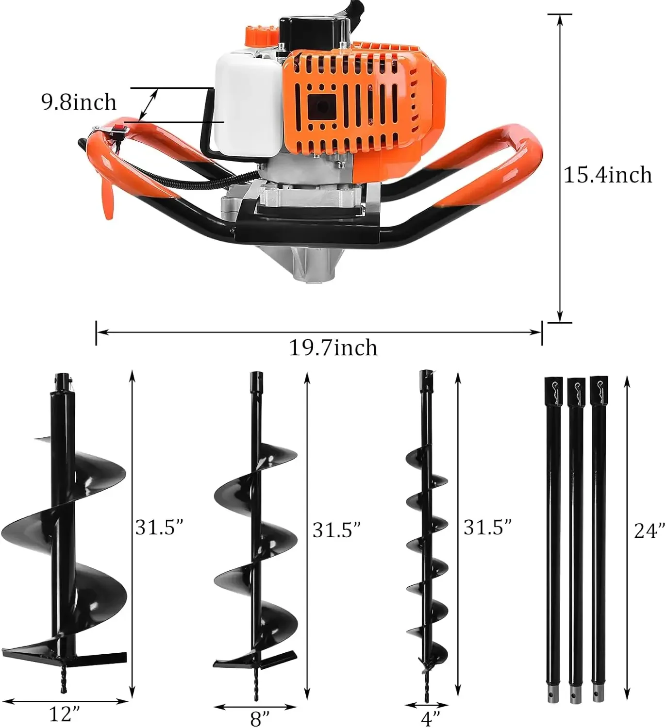 52CC Earth Auger Post Hole Digger Gas Powered Auger with 200mm Earth Drill Bits Multi-purpose Earth Auger Drill