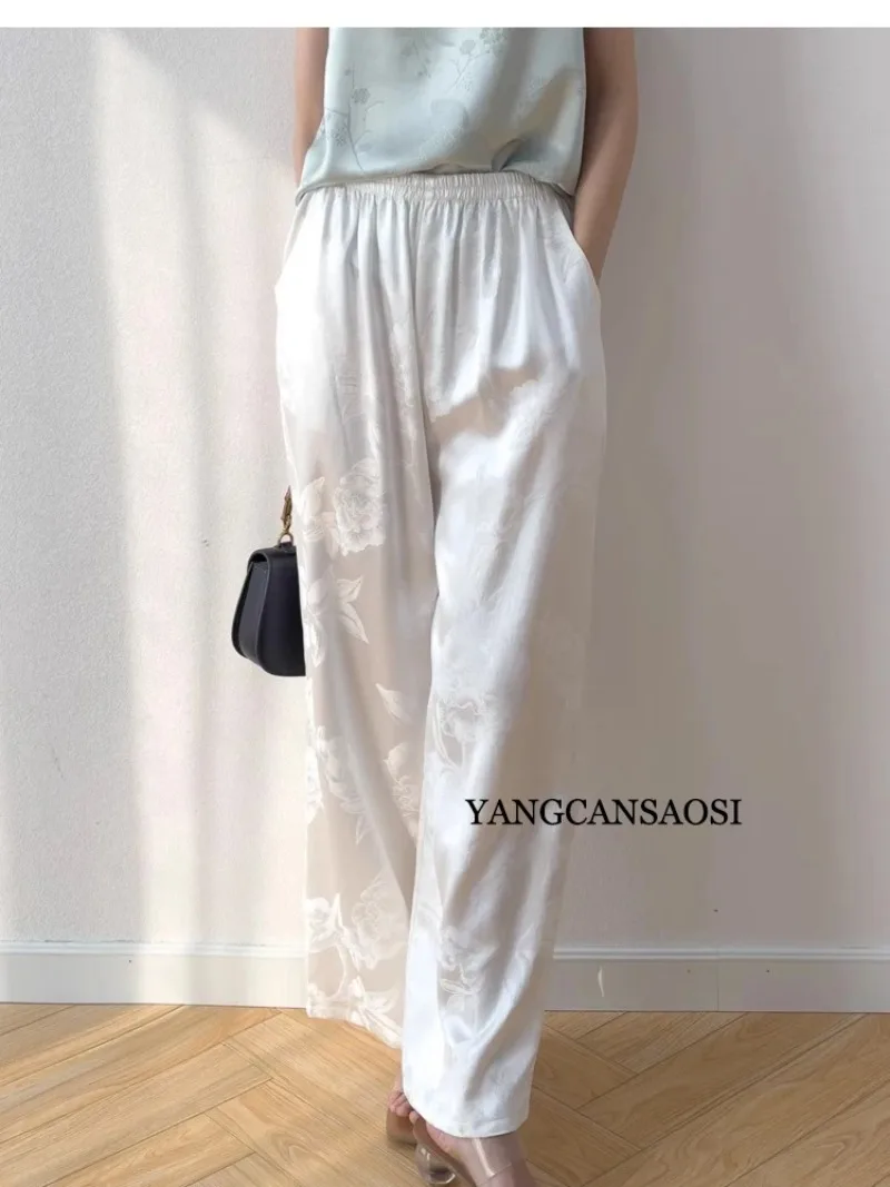 45MM Heavyweight 100% Natural Mulberry Silk Jacquard Satin White Versatile Pocket Design Elastic Waist Casual Wide Leg Pants