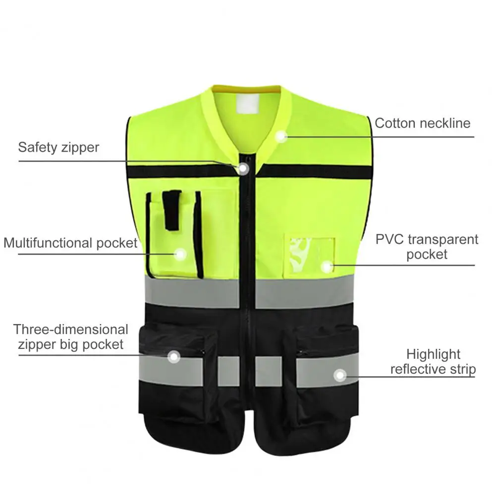 Worker Visibility Gear High-visibility Reflective Vest with Multi Pockets Design Clear Id Pocket Men\'s V-neck for Safety