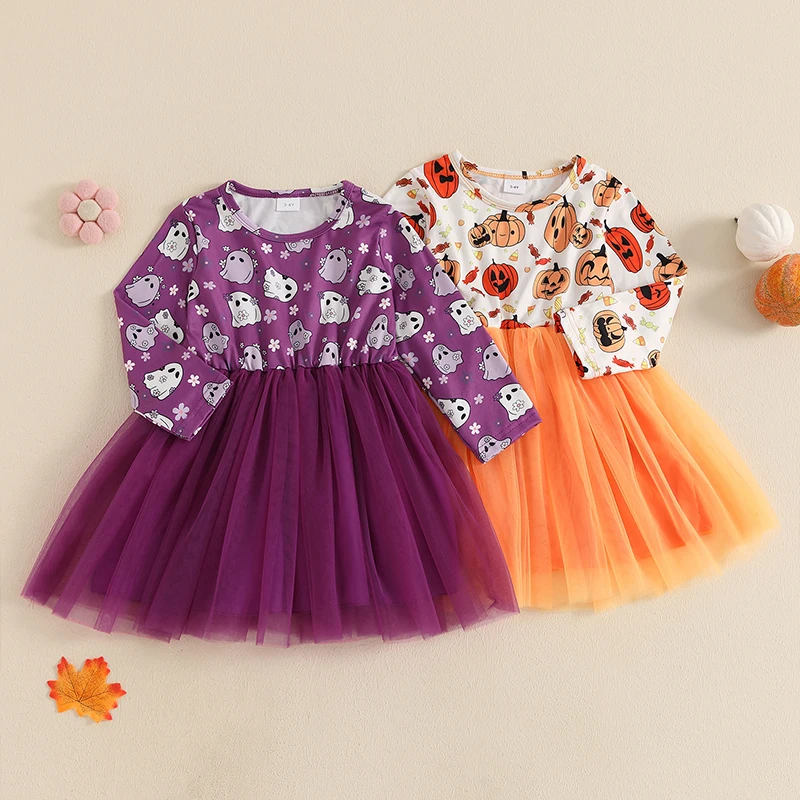 

Kids Baby Girls Halloween Casual Dress Long Sleeve Crew Neck Ghost Pumpkin Print Tulle Patchwork Fall Dress Party Costume