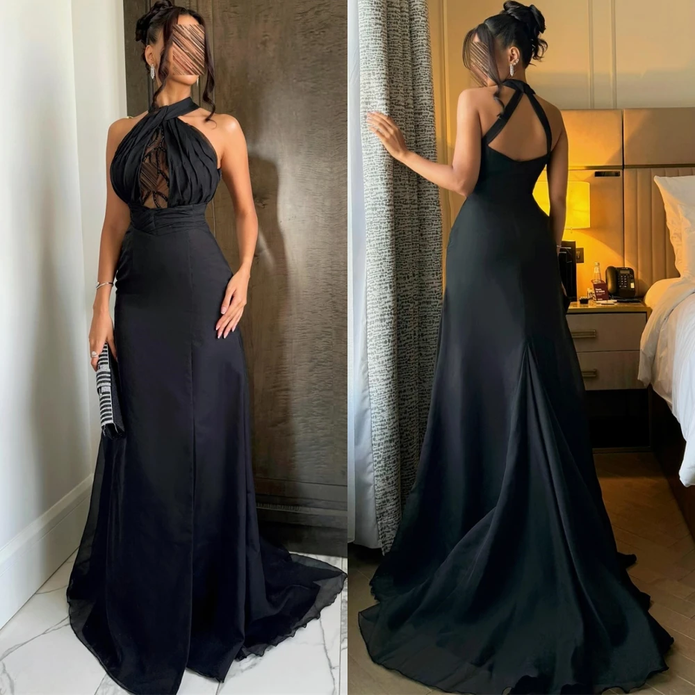 

Customized Formal Jersey Evening Dress Exquisite Halter Sleeveless Prom Dresses High Quality Sweep Train Special Occasion Gowns