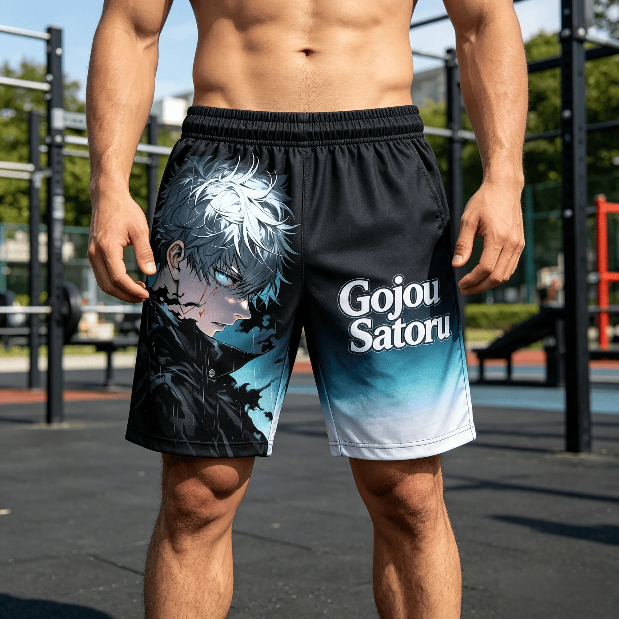 Jujutsu Kaisen Gojo Satoru Print Men's Shorts, Black Blue Gradient Quick Dry Breathable Casual Beach Board Shorts,  Sports Short