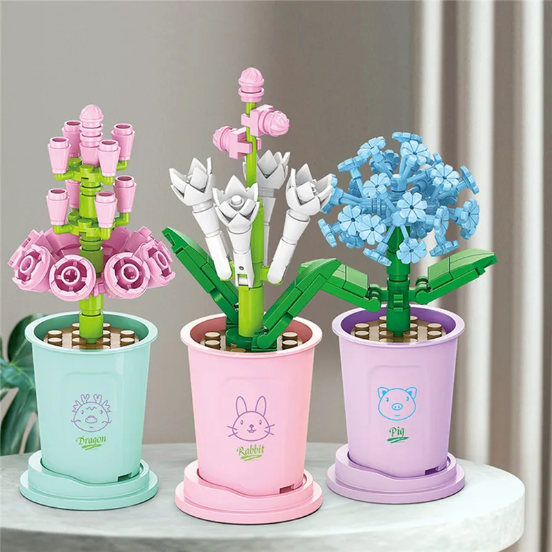 Building Block Bouquet 3D Model Toy Lucky Mini Flowers DIY Assembly Brick Home Decoration Plant Potted Kids Educational Toy Gift