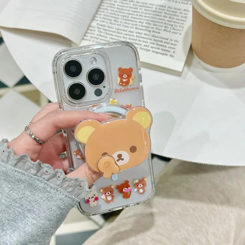 

Japanese lovely Bear Magnetic bracket Clear Phone Case protection for iPhone 16 15 13 12 11 14 Pro Max X Magnetism Coque