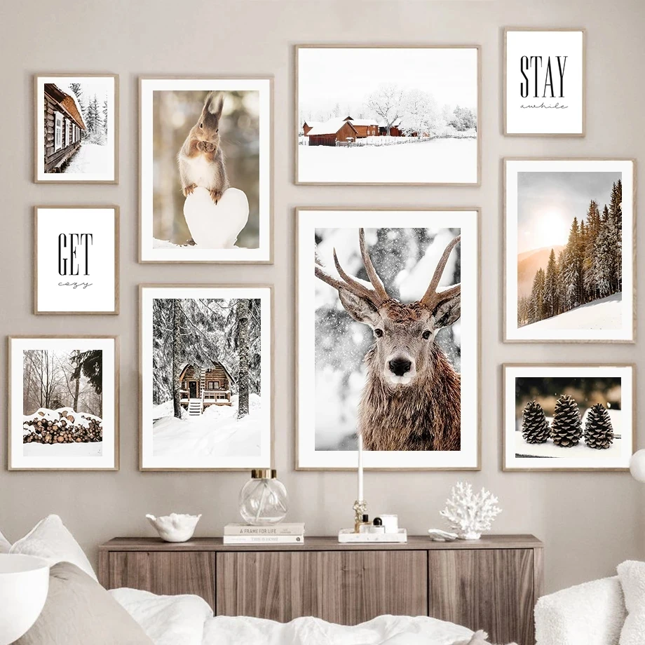 Winter Landscape Picture Canvas Painting Wall Art Modern Snow Field Wood Forest Pine House Scenery Poster and Print Home Decor