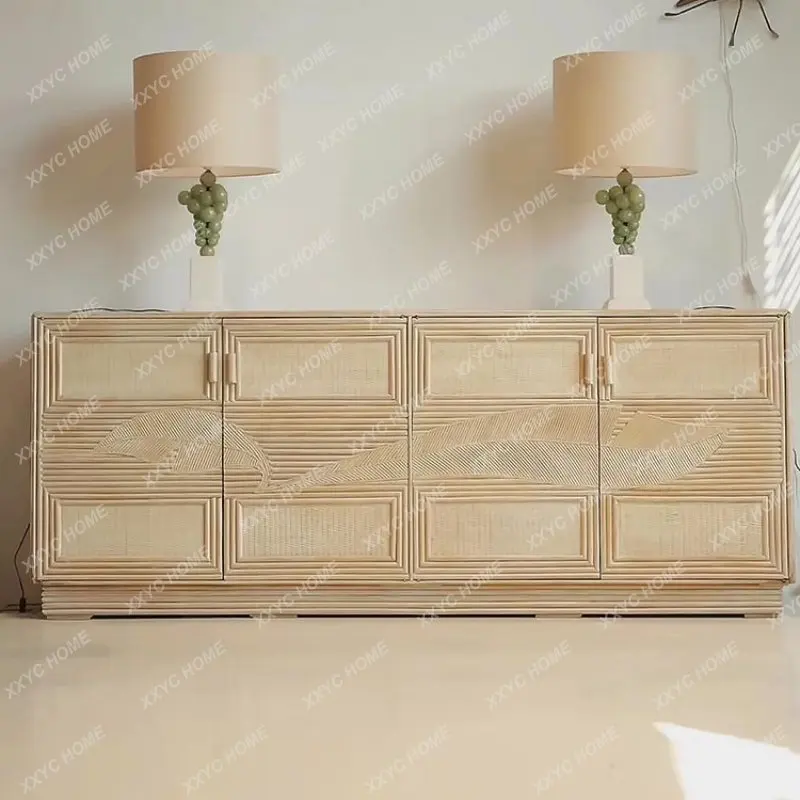 XX log color solid wood braided rattan side cabinet small apartment living room new retro storage rattan art home entrance