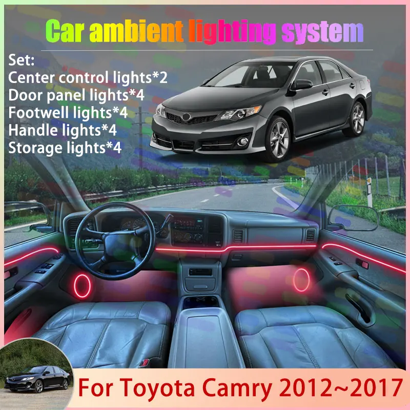 

Для Toyota Camry MK7 2012 ~ 2017 Daihatsu Altis 2/18 в 1, автомобильная атмосферная лампа, RGB абажур, ансамбль, стример, атмосферный набор