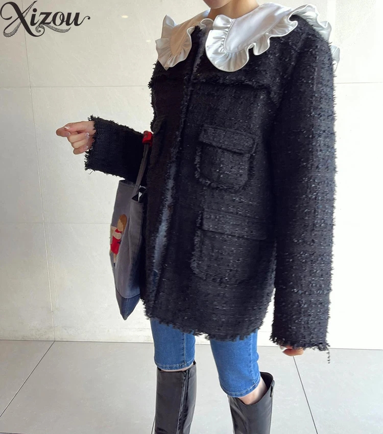 Women's Elegant Coats Retro Gold Pocket Single-breasted O-neck Long Sleeve Loose Slim Spring Autumn Tweed Jacket Female