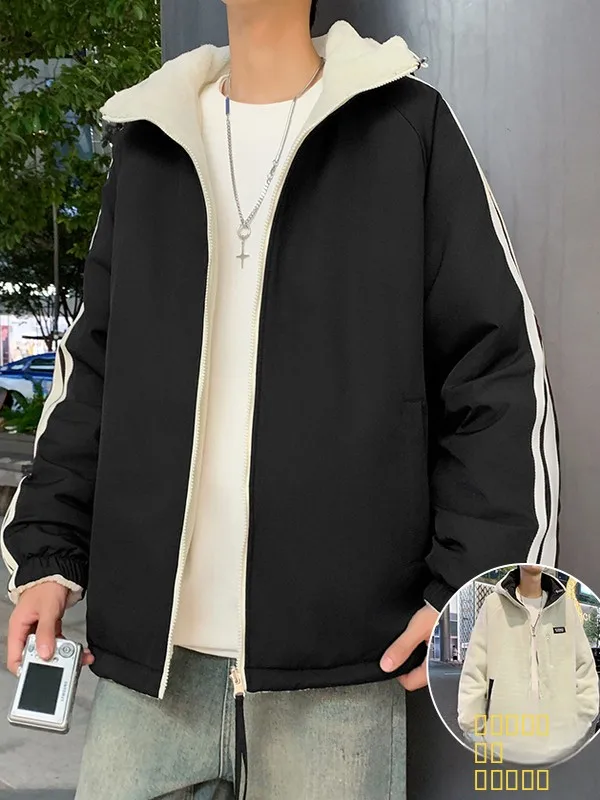 

Men's Double-Sided Wear American Retro Hooded Cotton Jaet Coat Thiened Warm Winter Casual Loose Fit Fce Lined Coat