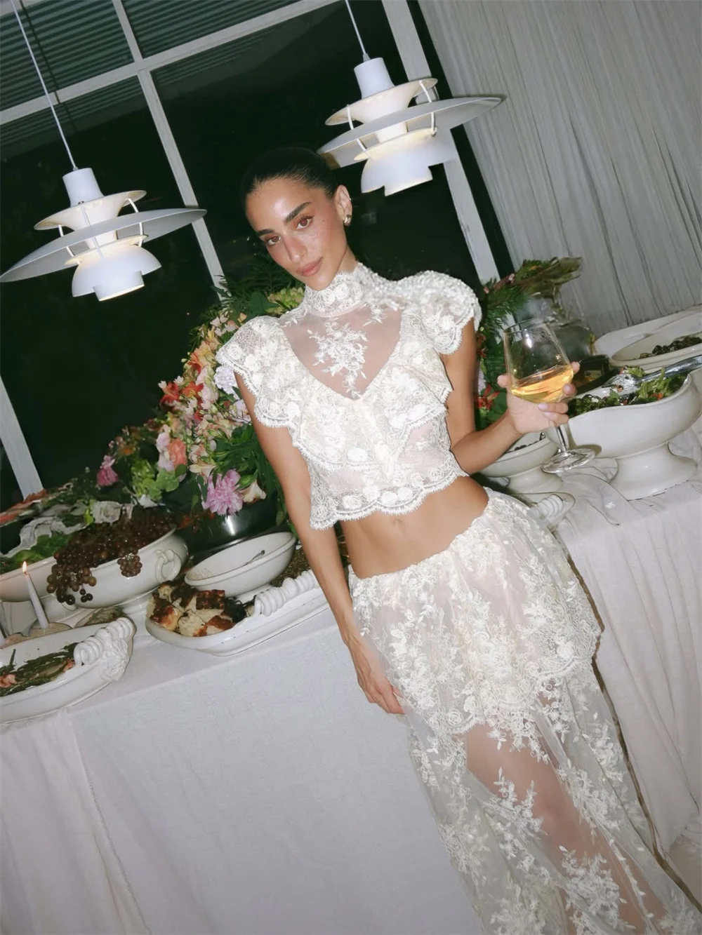 Tokyo Two Piece High Neck Floral Lace Maxi Dress Elegant Sheer Mesh Crop Top Skirt Set For Wedding Reception Cocktail Party 2026