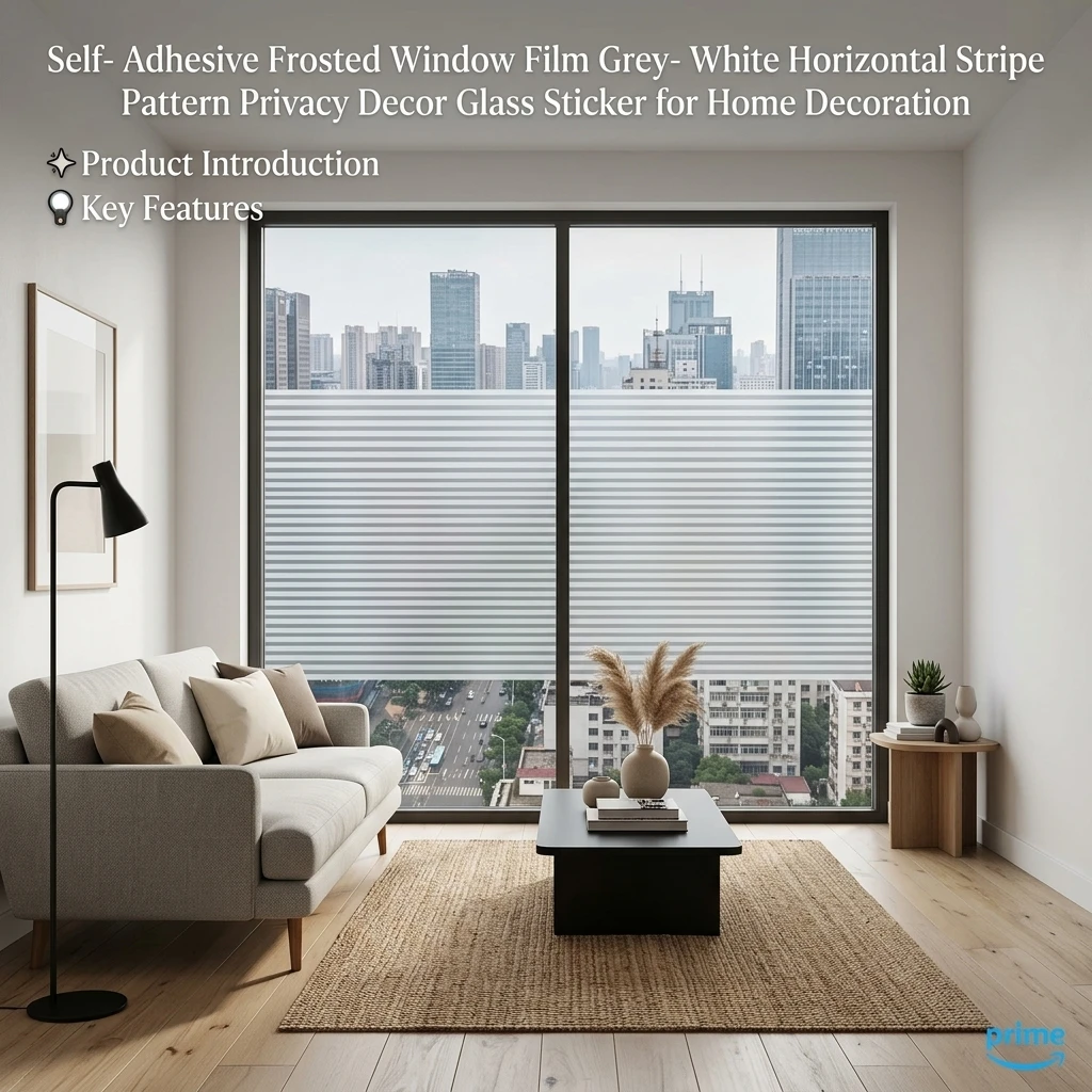Minimalist Horizontal Striped Window Privacy Film Self-Stick DIY Bubble-Free Removable No Residue Uniform Light Transmission