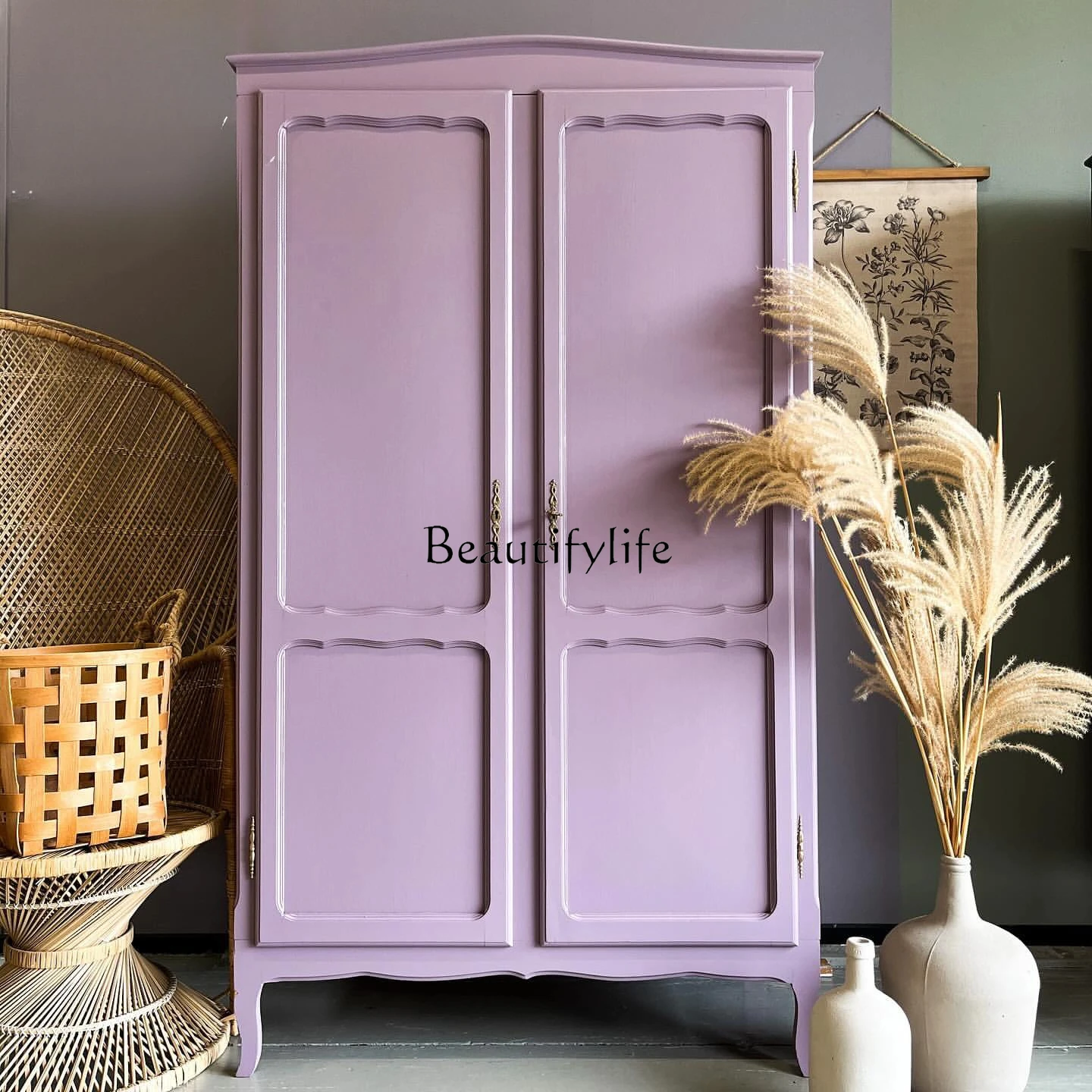

French Minimalist Solid Wood Home Bedroom Wardrobe American Style Double Door Storage Cabinet High-end Furniture