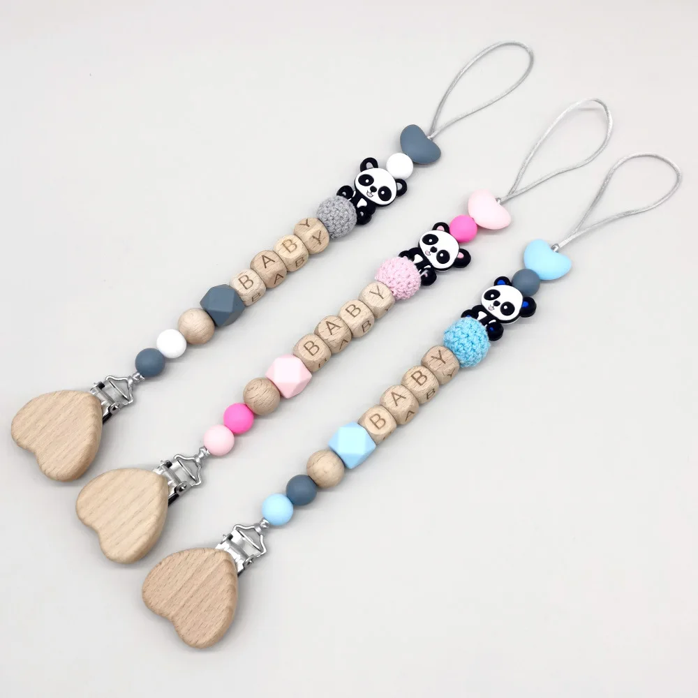

Wooden Personalized Baby Pacifier Chain BPA Free Crochet Panda Pacifier Clip Newborn Nipple Holder Teething Baby Accessory Gifts