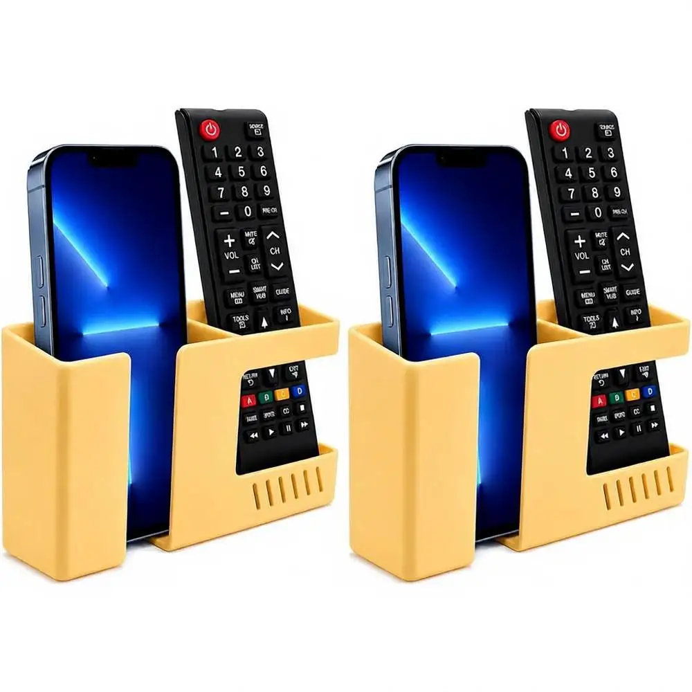

Wall-Mounted Mobile Phone Charging Stand with Sticky Remote Control Storage Box, Multipurpose Storage Solution (2 Pack - Yellow)